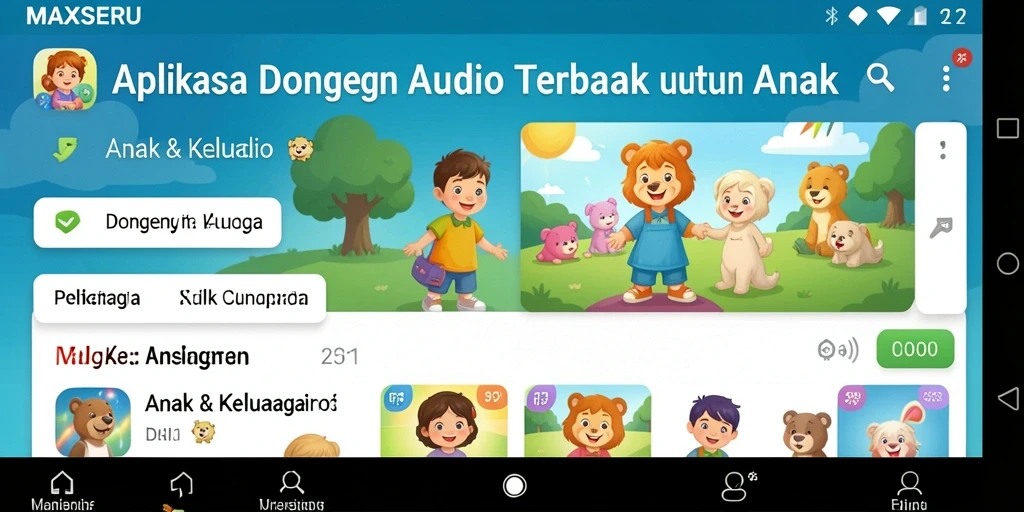Tampilan antarmuka aplikasi MAXSERU dengan berbagai pilihan dongeng audio.