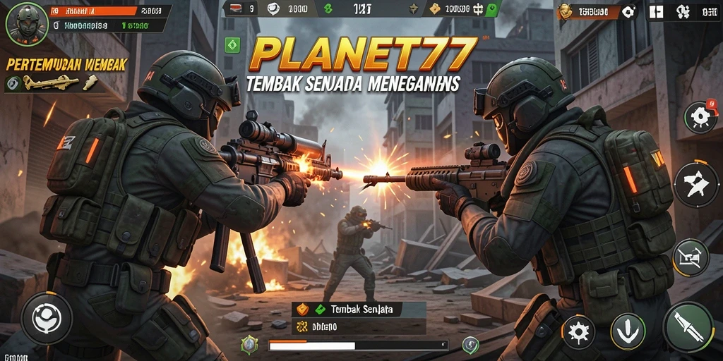 Tampilan antarmuka PLANET77 dengan berbagai pilihan senjata dan mode permainan.