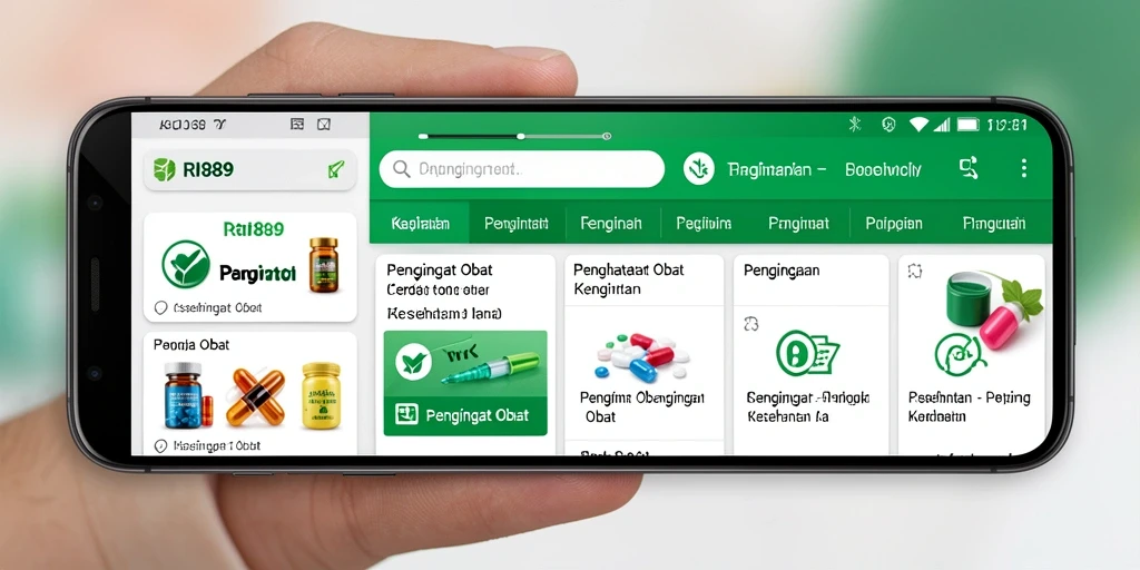 Antarmuka aplikasi RI889 dengan fitur pengingat obat yang sederhana.